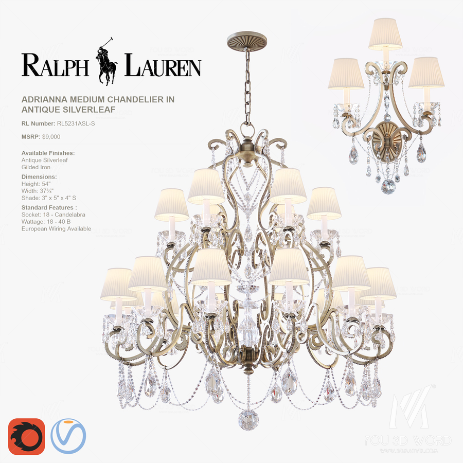 ADRIANNA MEDIUM CHANDELIER and TRIPLE SCONCE in antique silverleaf